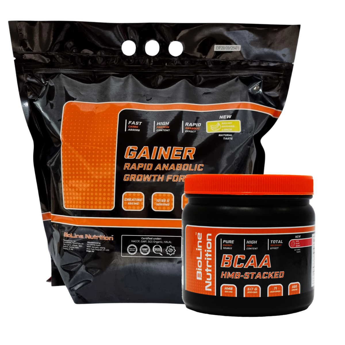 Набір: Гейнер 3 кг смак банан + BCAA 500 г Bioline Nutrition (Німеччина), фото 1