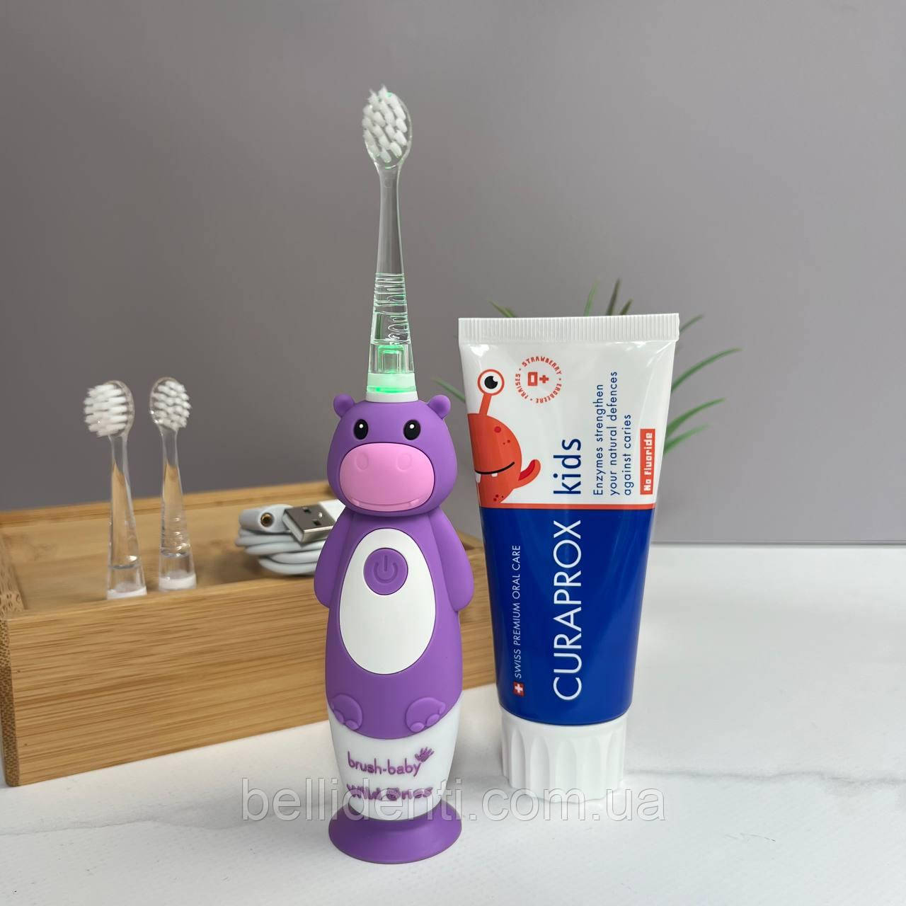 Набір Brush-Baby WildOnes Sonic Curaprox від 0 до 2 років (щітка бегемот Holly + паста 60 мл без фтору)