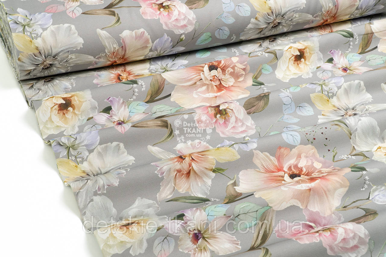 Тканина Duck digital "Орхідеї на сірому тлі", фото 1