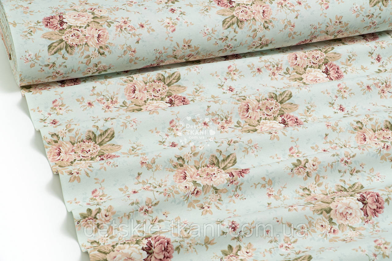 Тканина Duck "Трояндочки на м'ятному тлі", фото 1