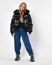 Зимова якісна тепла брендова коротка чорна глянцева куртка на екопуху для дівчаток