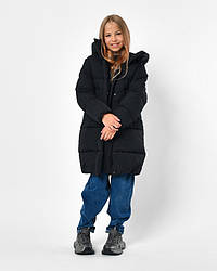 Зимовий чорний подовжений теплий фірмовий пуховик для дівчаток