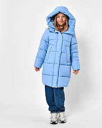 Зимовий якісний блакитний подовжений теплий фірмовий пуховик для дівчаток