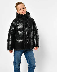 Чорна зимова глянцева тепла брендова пухова куртка для хлопчиків