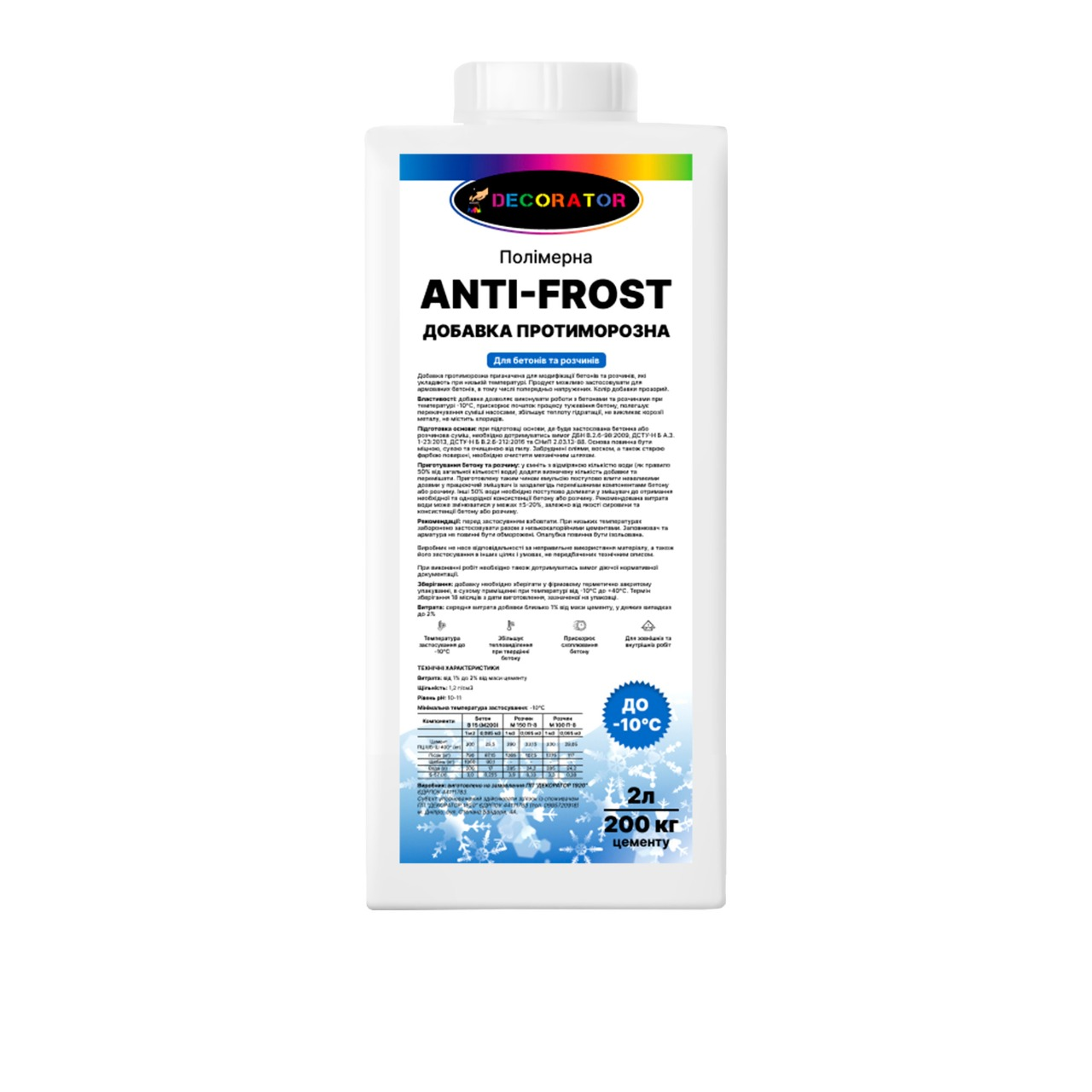 Добавка протиморозна для бетону ТМ DECORATOR Anti-Frost 2л