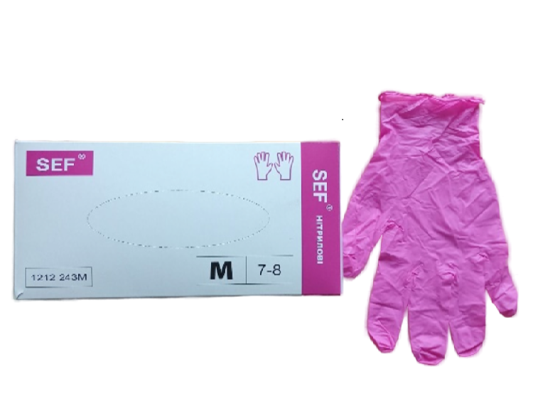 Рукавички нітрилові оглядові, текстуровані на пальцях, 3.8 г, Рожеві, SEF, р. М (100 шт./уп.)