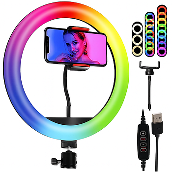 Кільцева Led-лампа 36 см MJ36, від USB, з 1 тримачами для телефону / Світлодіодна багатоколірна селфі-лампа