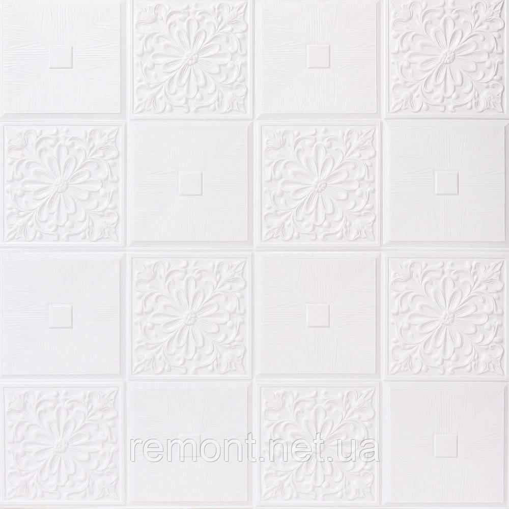 №113 Самоклеюча декоративна настінно-стельова 3D панель "Білий Орнамент" 70*70 см  Товщина 6 мм, фото 1