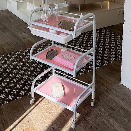 Косметологічний візок металевий зі скляними поличками на коліщатках SHIMMER PINK, фото 1