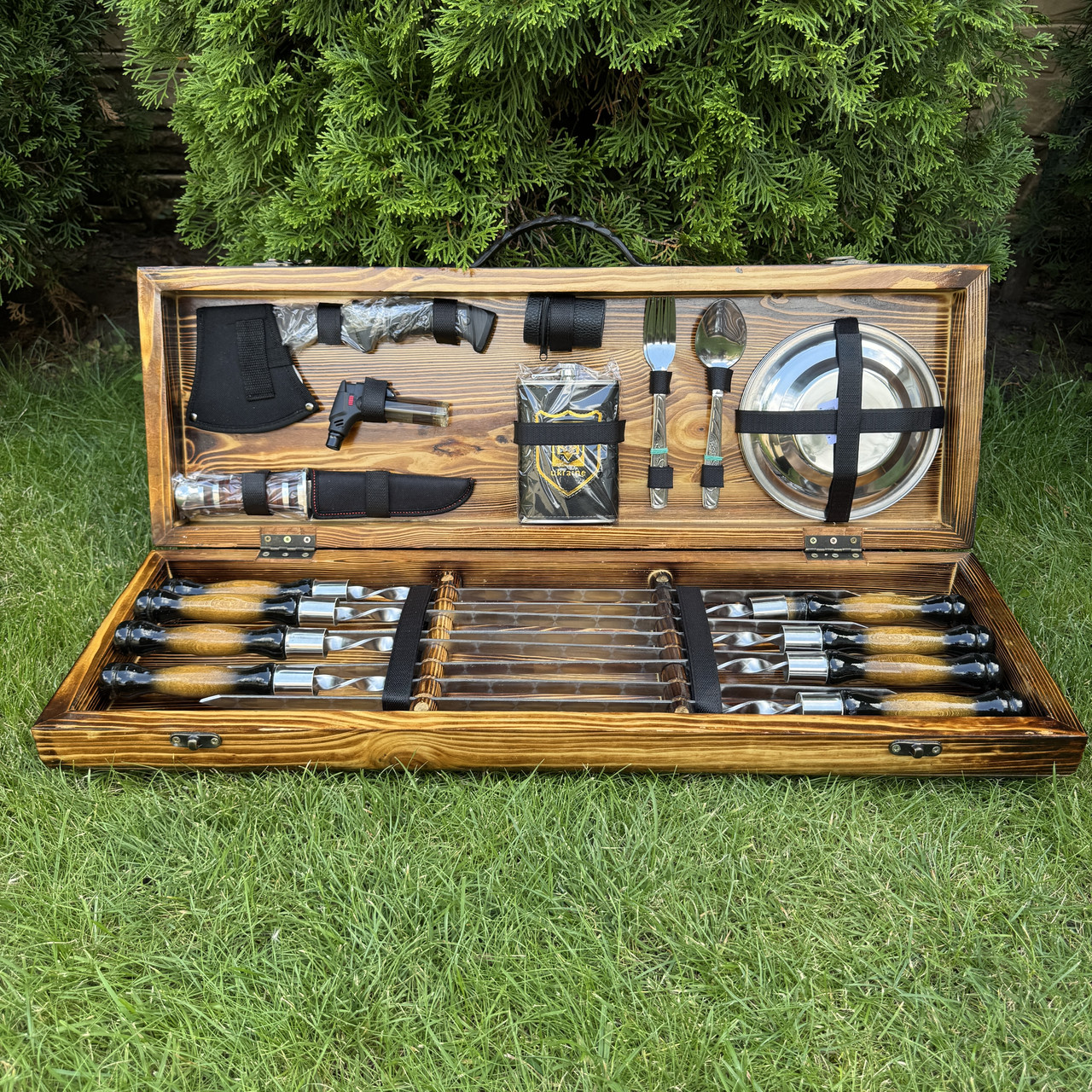 Набір шампурів Пікнік MAX класік ручної роботи. Шашличний набір шампурів у дерев'яному кейсі.