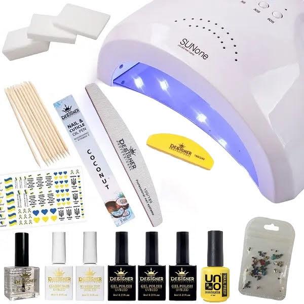 Стартовий набір для манікюру і педикюру з лампою SunOne і гель-лаками Дизайнер AS-26, фото 1
