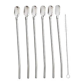 Набір багаторазових ложок-трубочок 6 шт для напоїв 22 см зі щіткою для миття з нержавіючої сталі Сірий HP-20-19