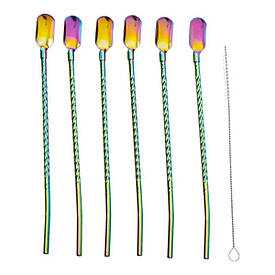 Набір багаторазових ложок-трубочок 6 шт для напоїв 22 см зі щіткою для миття з нержавіючої сталі Хамелеон HP-20-21