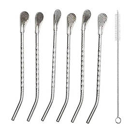 Набір багаторазових ложок-трубочок 6 шт для напоїв 19.5 см зі щіткою для миття з нержавіючої сталі Сірий HP-20-54