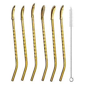 Набір багаторазових ложок-трубочок 6 шт для напоїв 19.5 см зі щіткою для миття з нержавіючої сталі Бронзовий HP-20-55