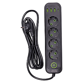 Мережевий фільтр 2.8 м подовжувач на 4 розетки з 3 USB 1 Type-C та кнопкою відключення HP-5-13MF