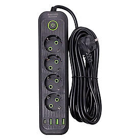 Мережевий фільтр 4.35 м подовжувач на 4 розетки з 3 USB 1 Type-C та кнопкою відключення HP-5-14