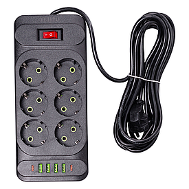 Мережевий фільтр подовжувач 3 м на 6 розеток 4 USB 2 Type-C та кнопкою вимкнення HP-5-15
