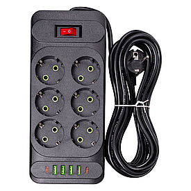 Мережевий фільтр подовжувач 5 м на 6 розеток 4 USB 2 Type-C та кнопкою вимкнення HP-5-16