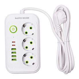 Мережевий фільтр кабель 2,7 м подовжувач F16 на 3 розетки 4 usb 2 type-c та кнопкою відключення Білий HP-5-19