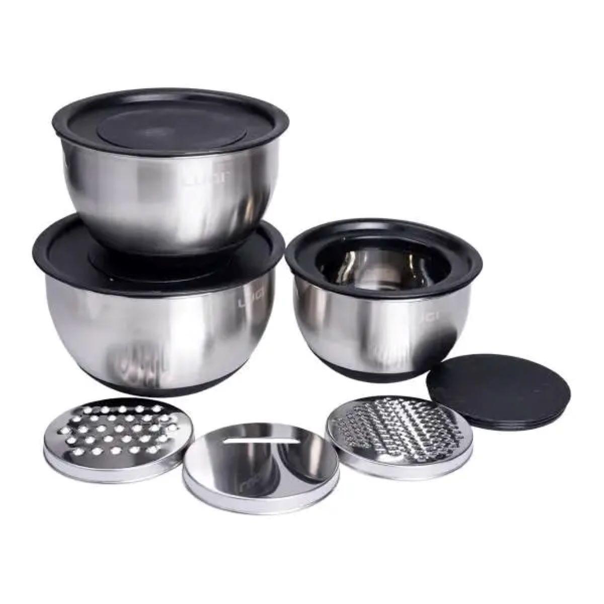 Набір мисок з нержавіючої сталі з кришками і терками салатники з нержавійки 3 штуки 2.5 л/2 л/1.5 л LG-02/3PCS, фото 1