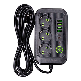 Мережевий фільтр кабель 3.8 м подовжувач F16 на 3 розетки з USB портами та кнопкою відключення Чорний HP-5-20