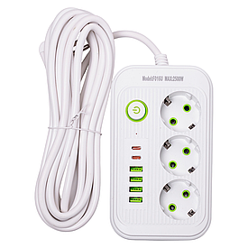 Мережевий фільтр кабель 4.75 м подовжувач F16 на 3 розетки 4 usb 2 type-c та кнопкою відключення Білий HP-5-21