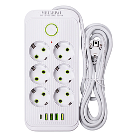 Мережевий фільтр 3 м подовжувач F06U на 6 розеток 4 USB 1 Type-C та кнопкою відключення Білий HP-5-23