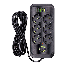 Мережевий фільтр 3 м подовжувач F06U на 6 розеток 4 USB 1 Type-C та кнопкою відключення Чорний HP-5-24