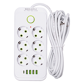 Мережевий фільтр 5 м подовжувач F06U на 6 розеток 4 USB 1 Type-C та кнопкою відключення Білий HP-5-25