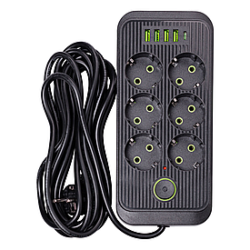 Мережевий фільтр 5 м подовжувач F06U на 6 розеток 4 USB 1 Type-C та кнопкою відключення Чорний HP-5-26