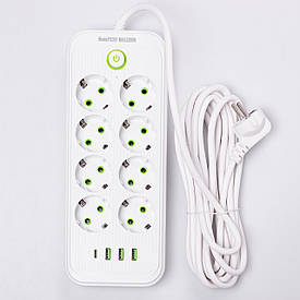 Мережевий фільтр 2.8 м подовжувач на 8 розеток з 3 USB 1 Type-C та кнопкою відключення F20U Білий HP-5-27