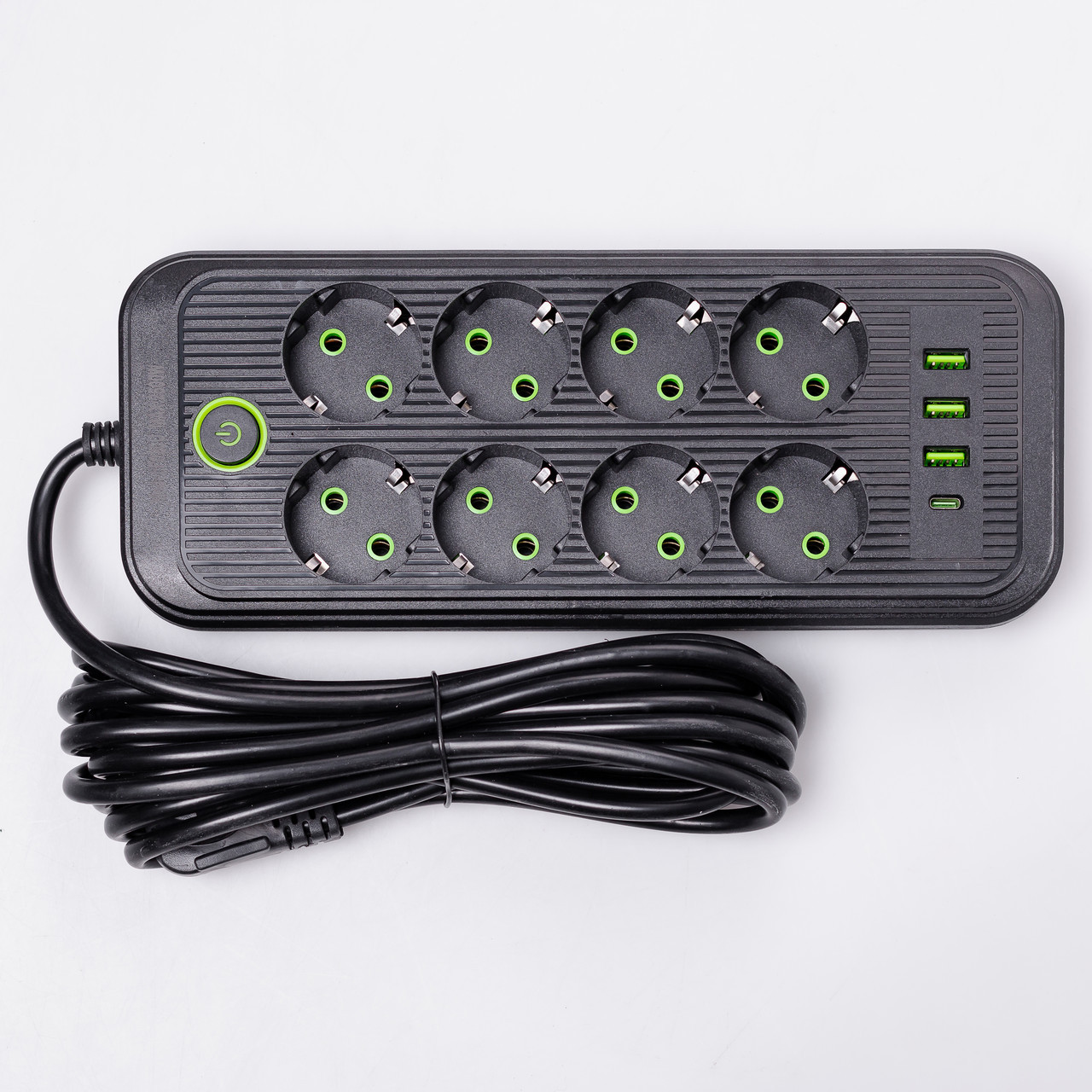 Мережевий фільтр 2.8 м подовжувач на 8 розеток з 3 USB 1 Type-C та кнопкою відключення F20U Чорний HP-5-28, фото 1