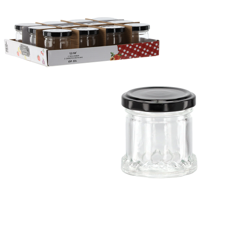 БАНКА 60 МЛ З ТИСНЕННЯМ ТА ЧОРНОЮ МЕТАЛЕВОЮ КРИШКОЮ, упаковка = 12 шт., фото 1