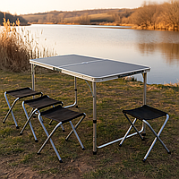 Кемпінговий набір: розкладний регульований по висоті стіл і 4 розкладні стільці для відпочинку Чорний