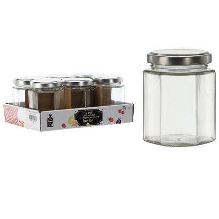 ШЕСТИГРАННА БАНКА 180 МЛ З МЕТАЛЕВОЮ КРИШКОЮ, ВИСТАВКА = 6 ШТ., фото 1