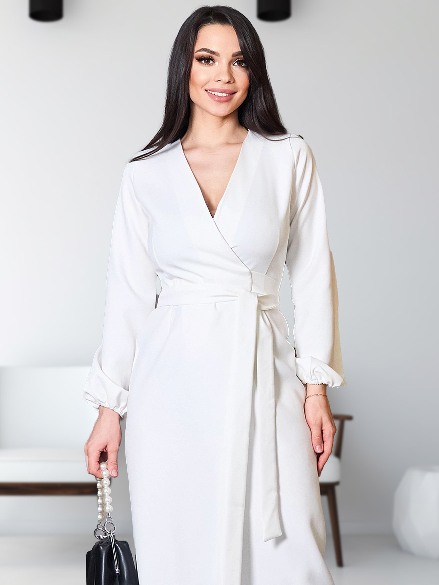 Красиве нарядне вечрнє плаття на запах з довгим рукавом, молочно-біле, фото 1