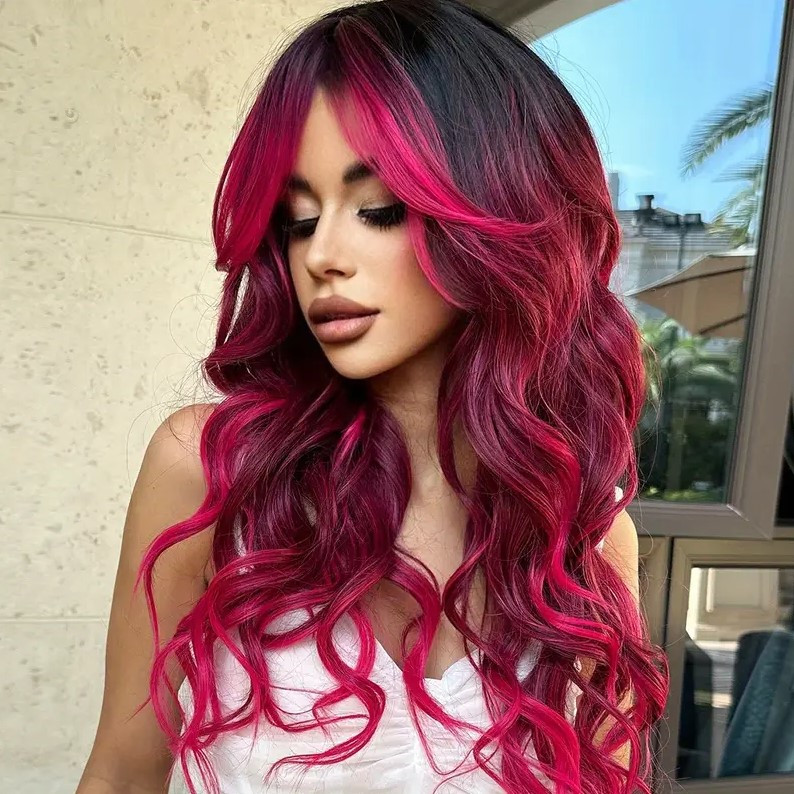 Перука колір чорний колорування у розовий з чубчиком шторкою – довжина 76 см термостійка натуральний вигляд, фото 1