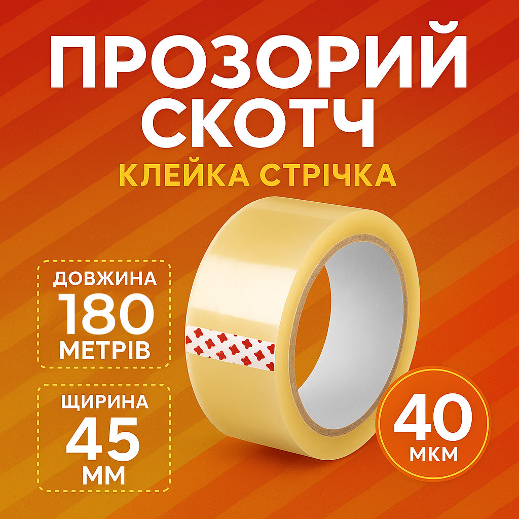 Скотч пакувальний прозорий: довжина - 180 (200) метрів | 45 мм ширина, фото 1
