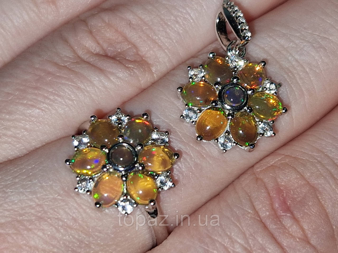 Комплект срібний 925 натуральний чорний вогняний опал, цирконій., фото 1