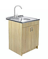 Тумба кухонна Дуб Сонома з мийкою 60x60 (0,6 мм, ліва чаша), змішувач нержавіючий, сифон