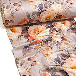 Сатин digital шириною 240 см "Запорошено-помаранчеві троянди з метеликами на бежевому тлі" (№5639)