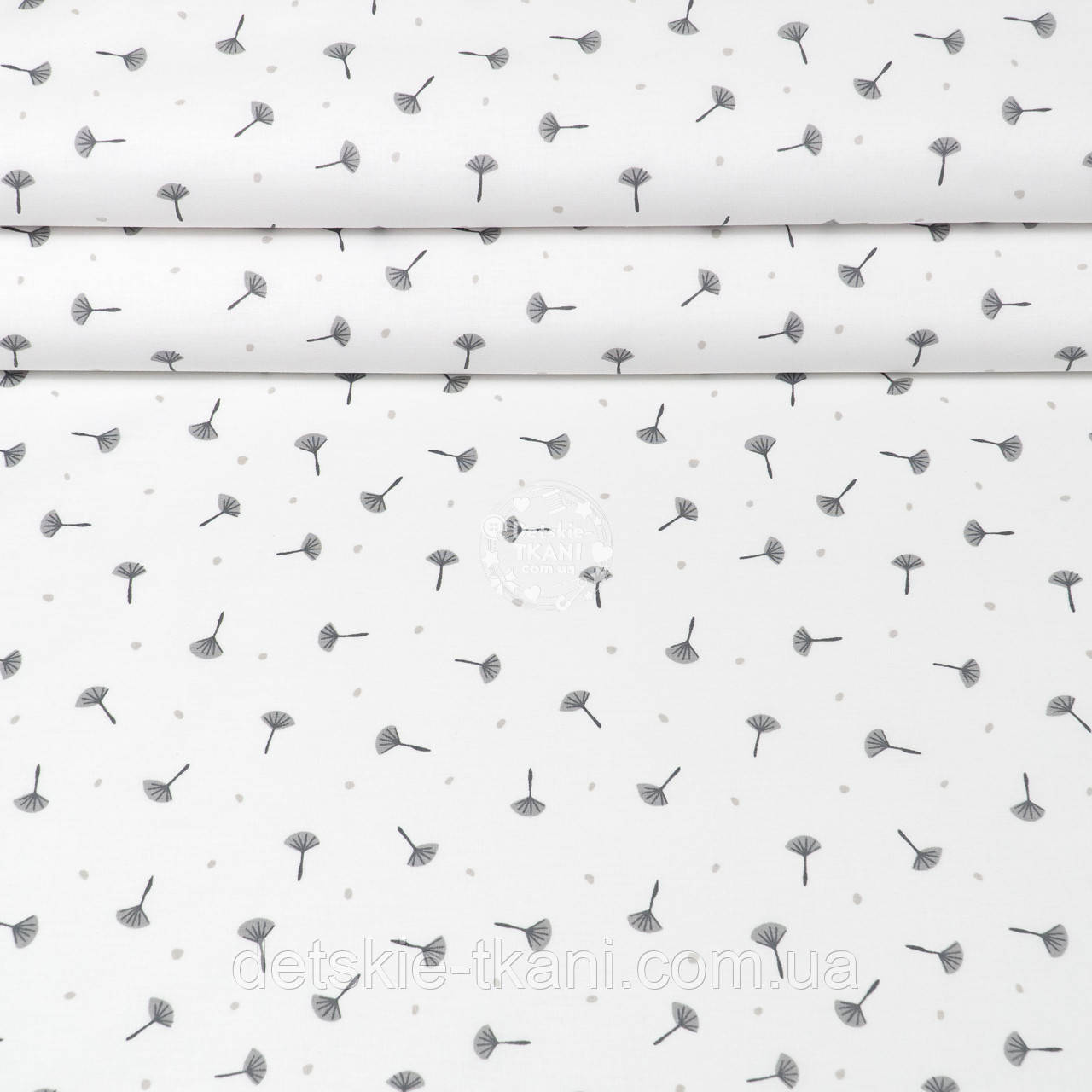 Ранфорс шириною 240 см "Сірі кульбаби і цятки на білому тлі", №5698, фото 1