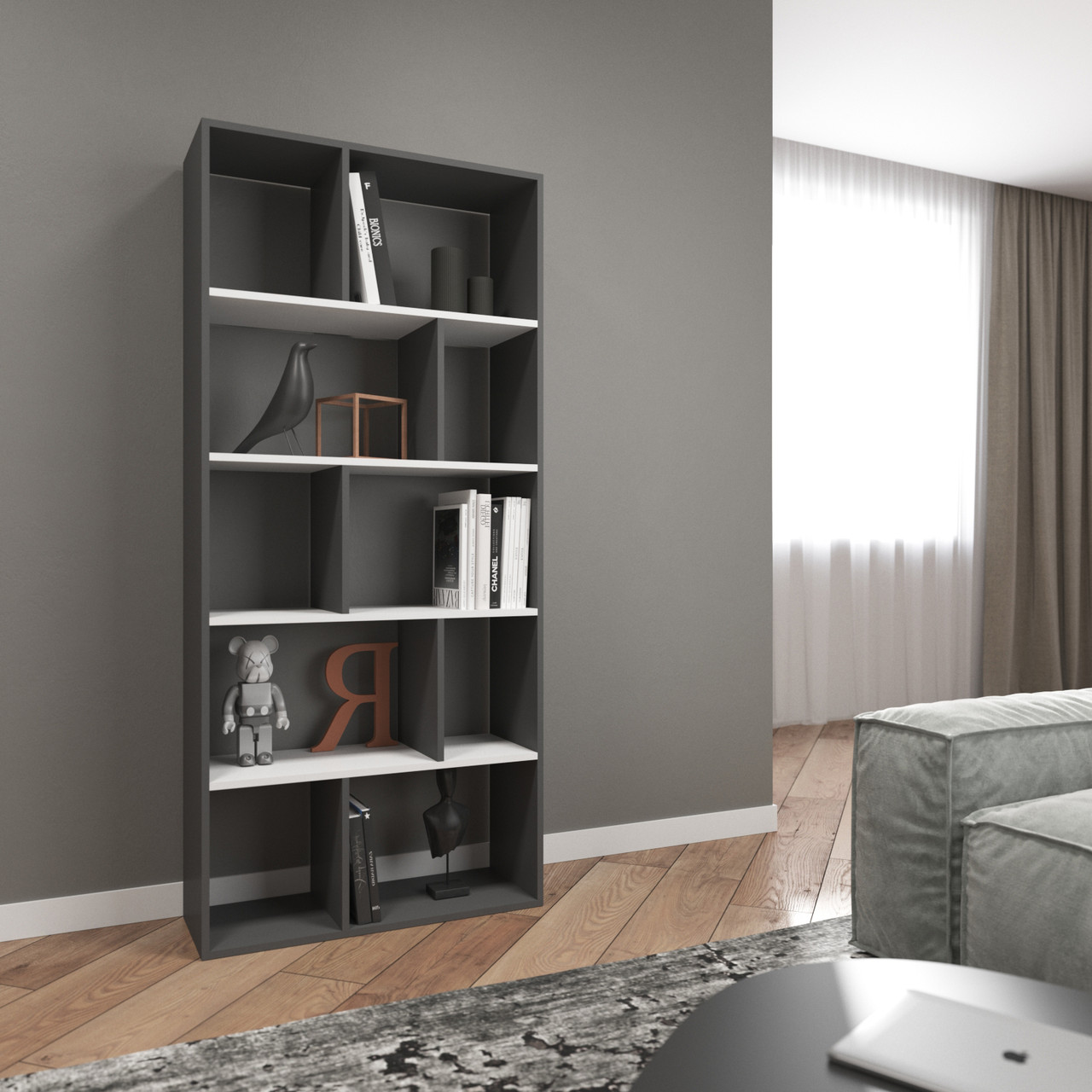 Стелаж-змійка антрацит (сірий) з білими полицями 178х80х30 для дому, фото 1