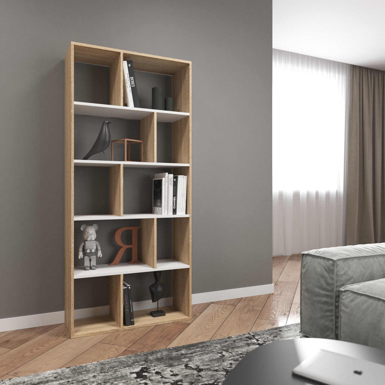 Стелаж-змійка Дуб сонома з білими полицями 178х80х30 для дому, фото 1