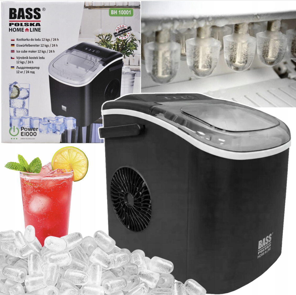 Електричний льодогенератор 1.3 л Bass Polska BH 10001 чорний12 кг/24 год генератор льоду для дому офісу вечірок