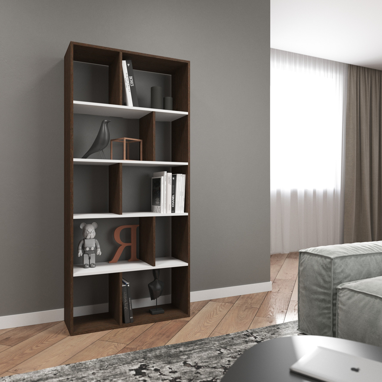 Стелаж-змійка венге темний з білими полицями 178х80х30 для кімнати, фото 1