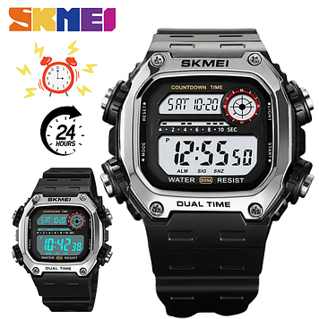 Наручний електронний годинник з підсвічуванням водостійкий спортивний чоловічий годинник квадратний сріблястий Skmei