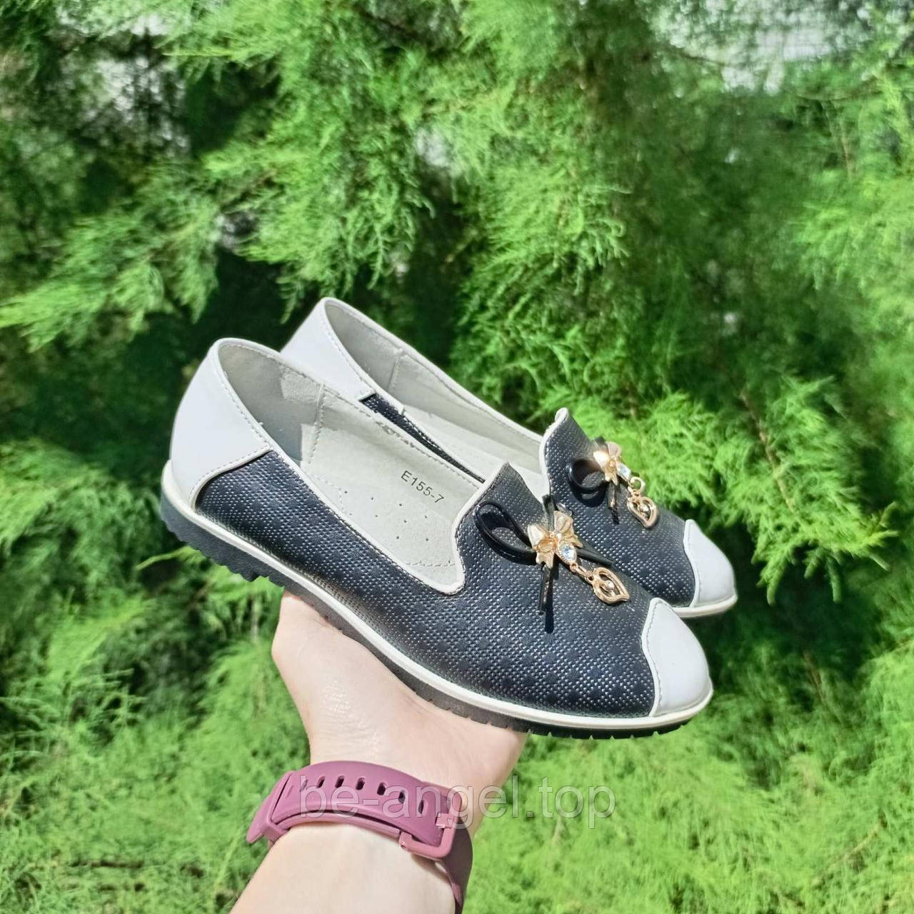 Балетки чорно-білі металевий бантик з камінчиком, фото 1