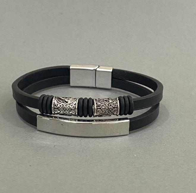 Браслет чоловічий екошкіра чорна з металевими вставками s-12мм+-L-22см+-сріблястий метал на застібці, фото 1